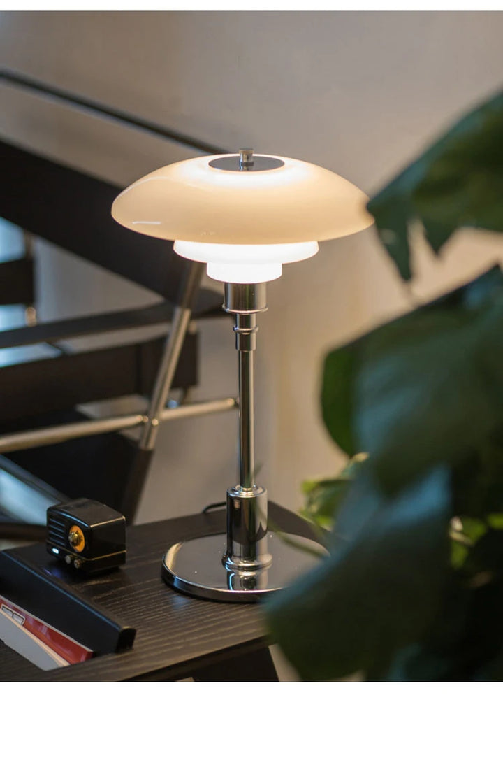 Table lamp on a desk with a blurred background