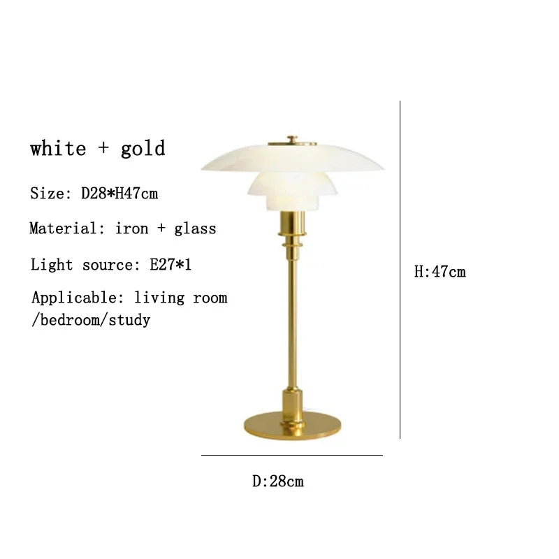 Gold and white table lamp with dimensions and material details on a white background