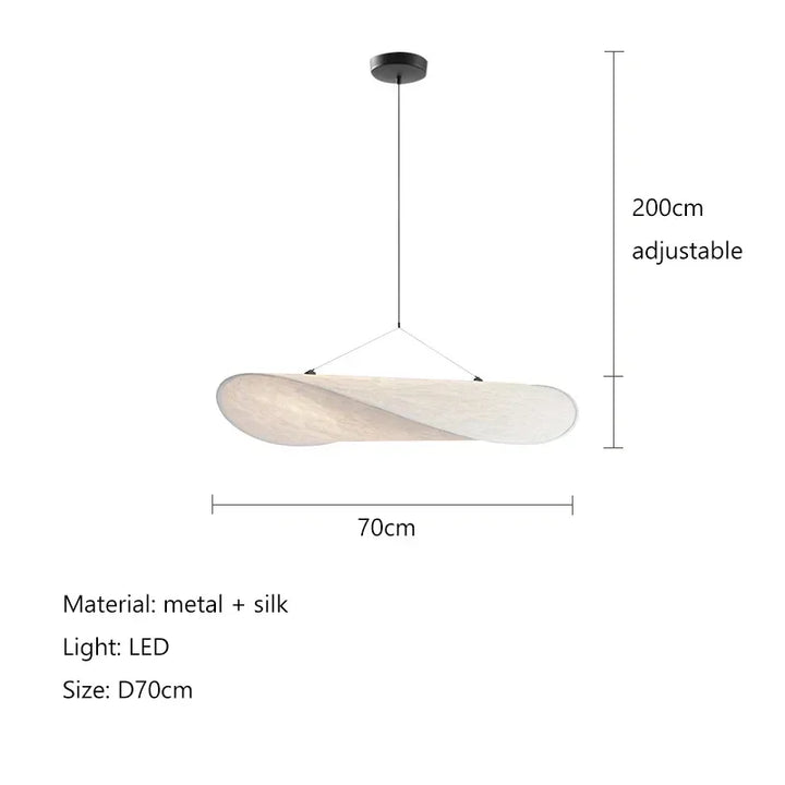 Pendant light with dimensions and material details on a white background