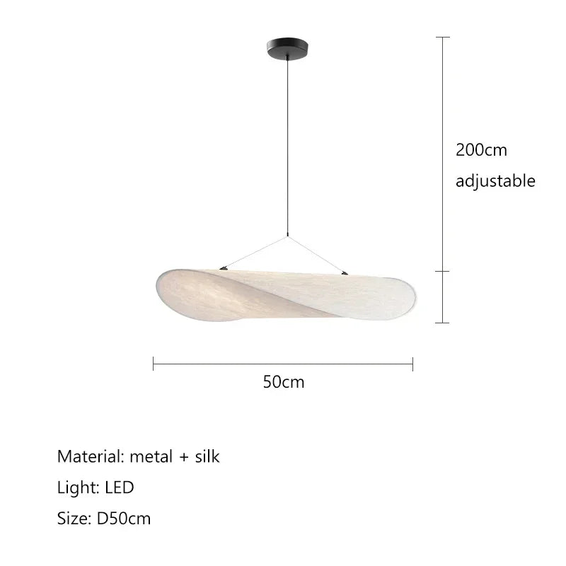 White pendant light with dimensions and material details on a white background