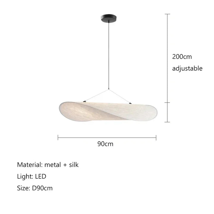 Pendant light with dimensions and material details on a white background