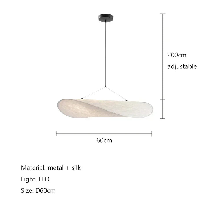 White pendant light with dimensions and material details on a white background
