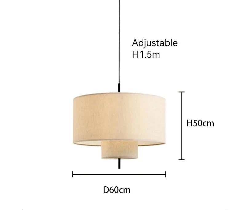 Beige pendant lamp with dimensions on a white background