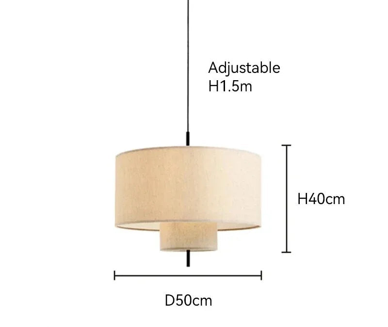 Beige pendant lamp with dimensions and material details on a white background