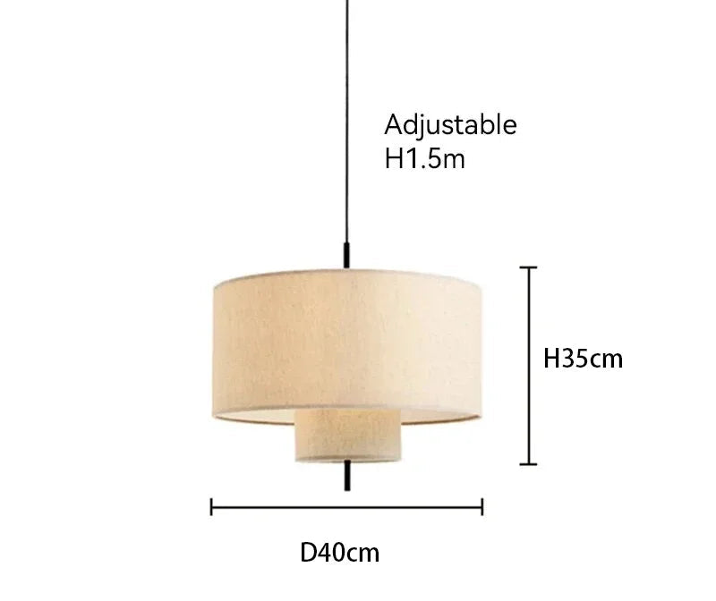 Beige pendant lamp with dimensions labeled on a white background