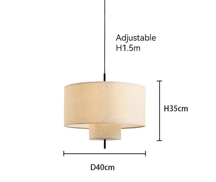 Beige pendant lamp with dimensions labeled on a white background