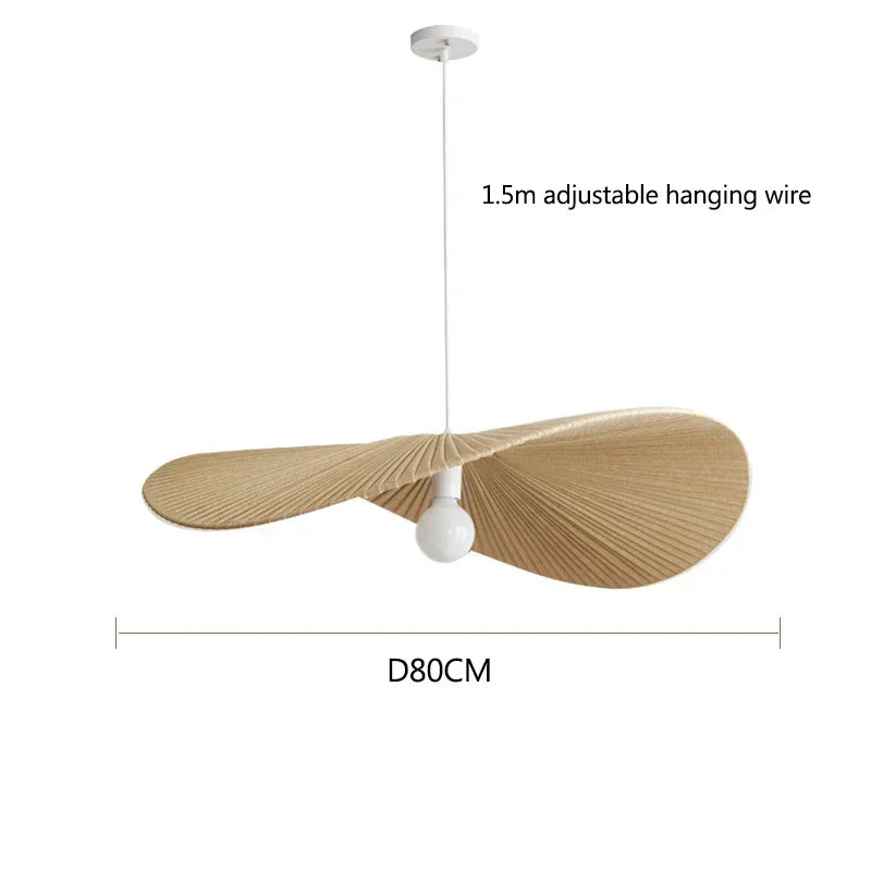 Pendant light with adjustable hanging wire and dimensions on a white background