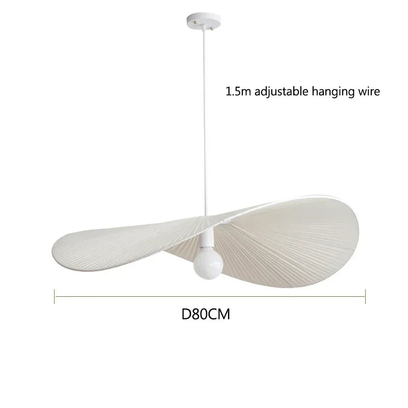 White ceiling light fixture with adjustable hanging wire and dimensions on a white background