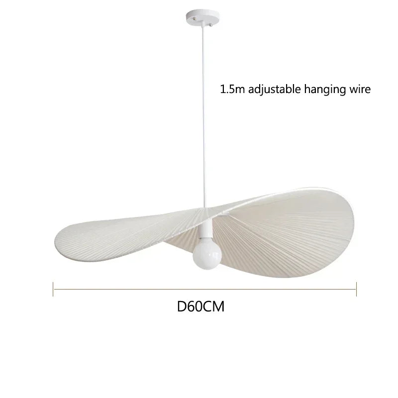 White pendant light with adjustable hanging wire and dimensions on a white background