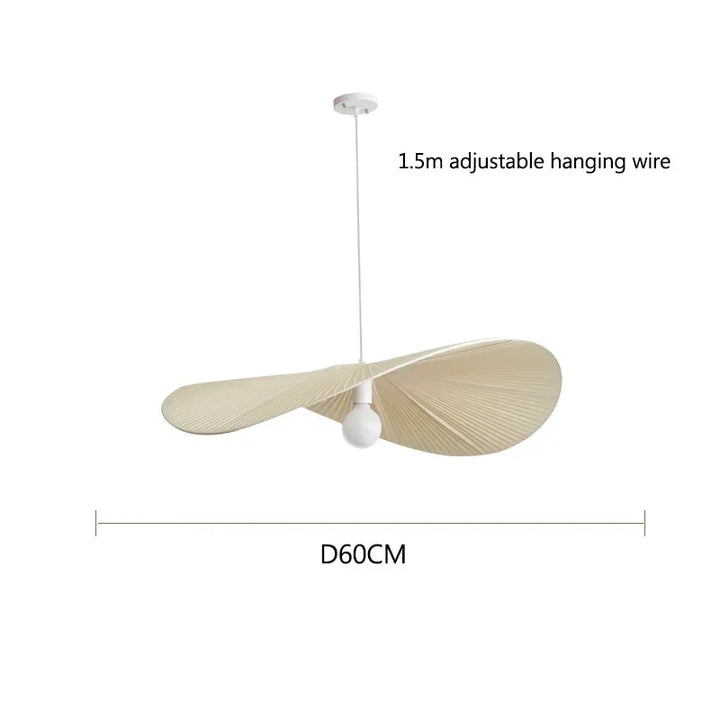 Beige pendant light with adjustable hanging wire and bulb on a white background