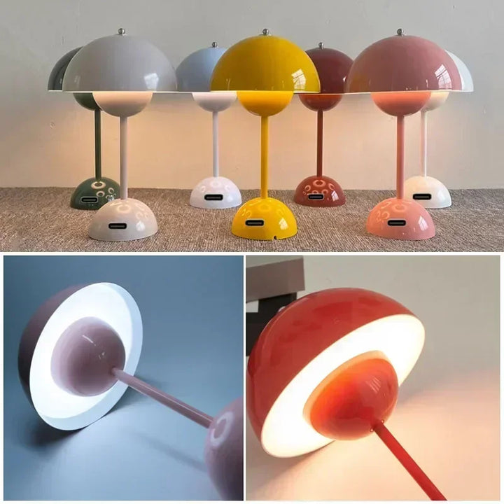 Set of colorful table lamps with close-up details on a neutral background