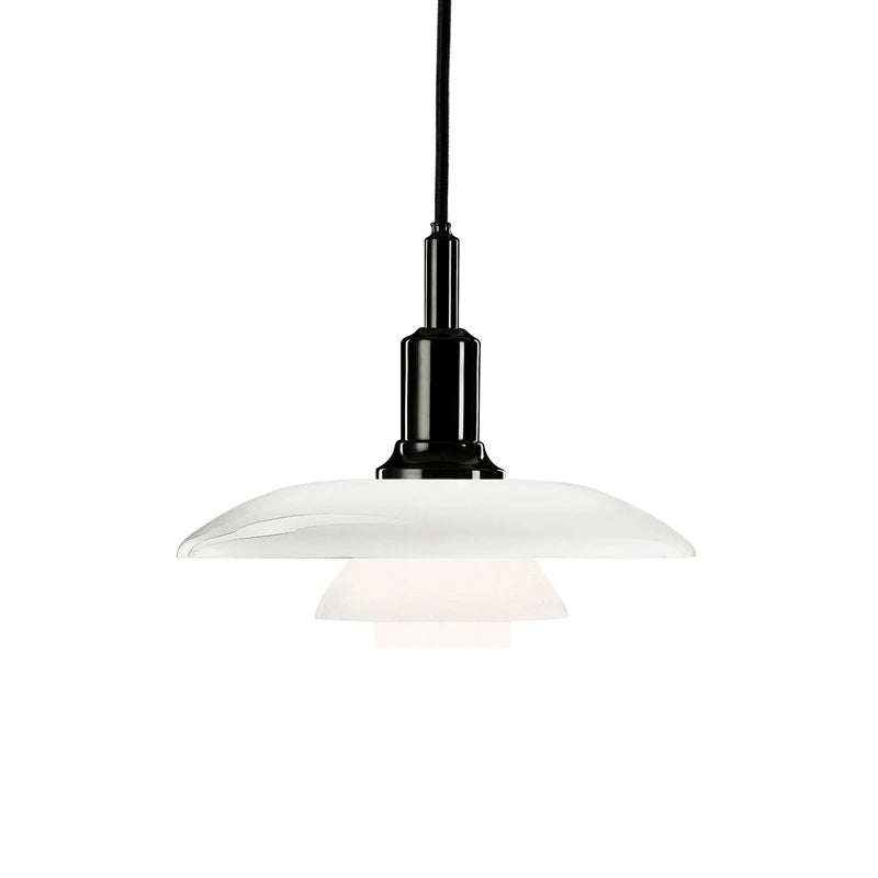 Pendant light with white glass shade and black metal fixture on a white background