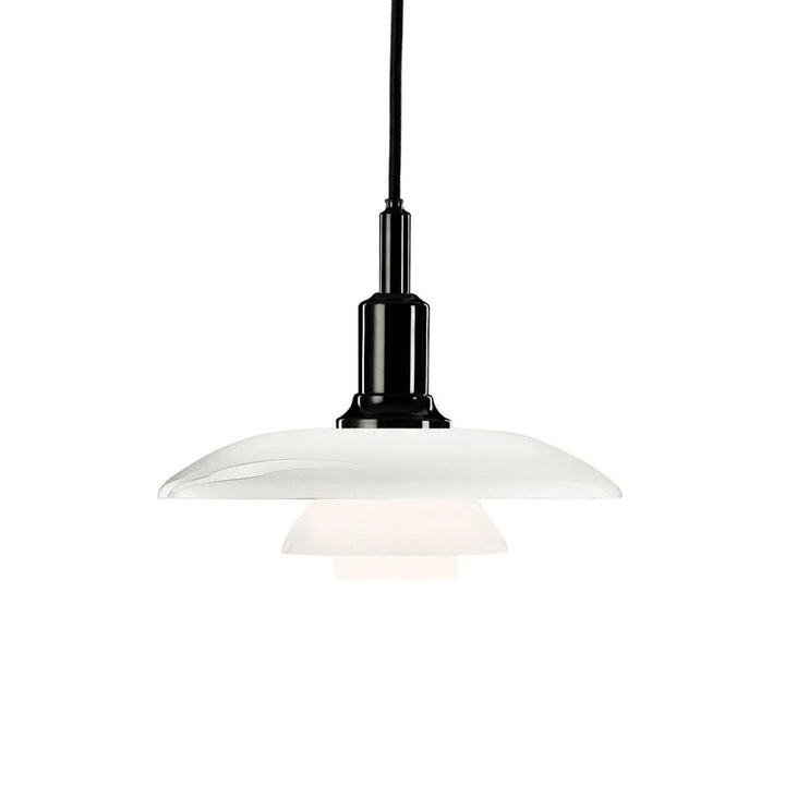 Pendant light with white glass shade and black metal fixture on a white background