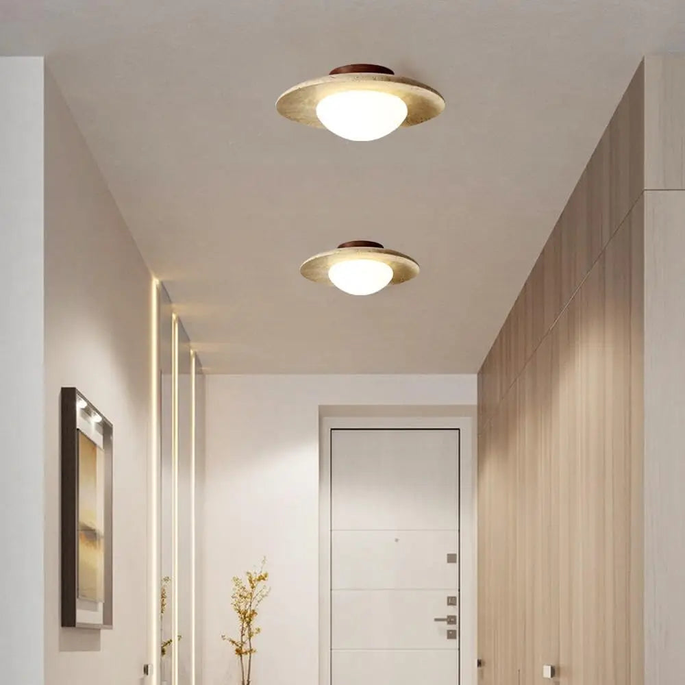 Two ceiling lights in a hallway with neutral walls and a door.